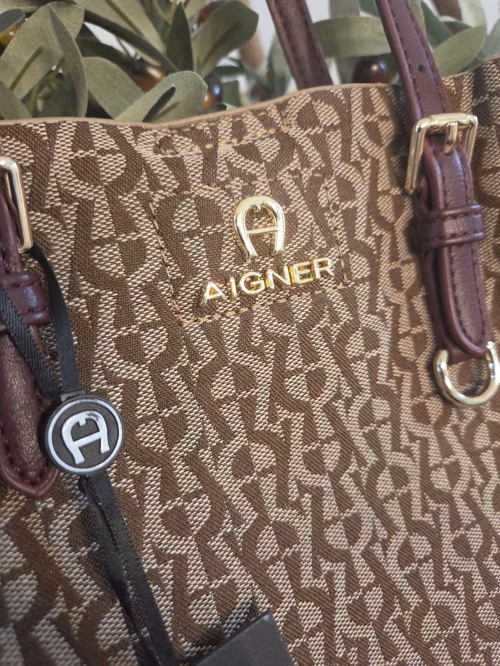 Aigner Brown Monogram Tote Bag with Burgundy Trim - Picture 2 of 7